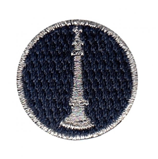 FIRE FIGHTER BUGLE, 1" CIRCLE - METALLIC SILVER ON MIDNIGHT NAVY - SEW ON.